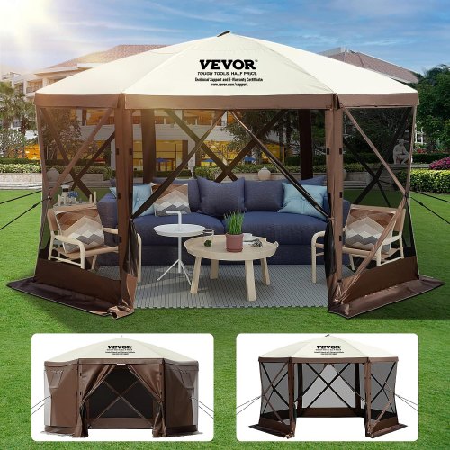 VEVOR Camping Gazebo screen Tent, 12*12ft, 6 sided pop-up Canopy shelter Tent with Mesh Windows, portable Carry bag, stakes, Large shade Tents for Outdoor Camping, Lawn and backyard, brown/beige